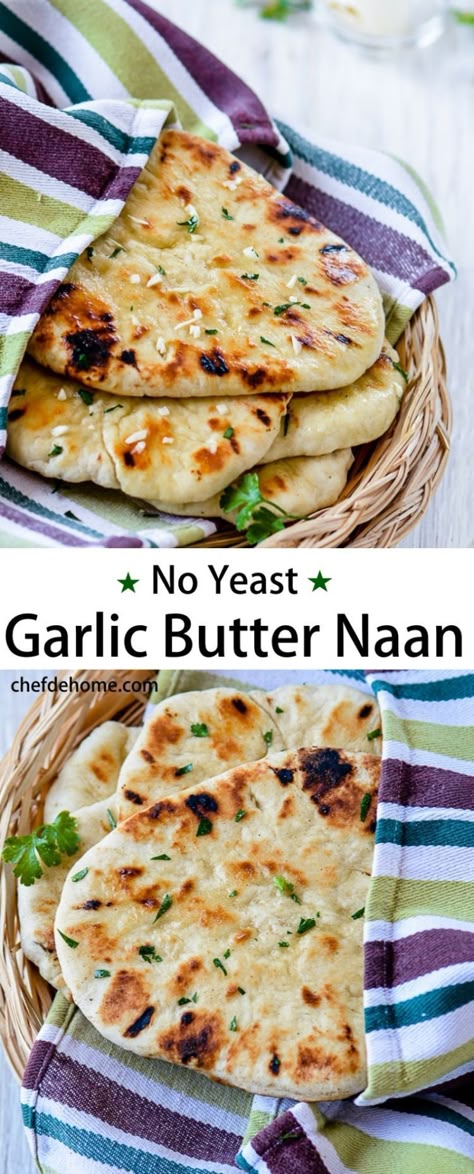 Garlic Butter Naan which is easy to cook, and need no yeast or lengthy fermentation time.  #naan #noyeast #bread #recipe Butter Naan Recipe, Garlic Naan Bread, Pane Naan, Bread Yeast, Butter Naan, Bread Without Yeast, Pain Naan, Indian Dinner, Garlic Naan