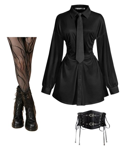 black tie dress Kpop Idol Black Dress, Black Kpop Outfit, Black Anime Style Dresses For Cosplay Events, K Pop Stage Outfits Black, Black Punk-style Dress For Halloween, Kpop Stage Outfits Black Dress, Nightclub Outfit, Consert Outfits, Outfit With Tie