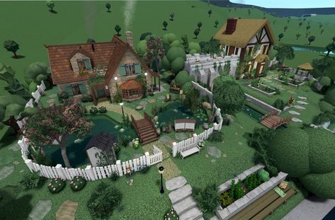 Bloxburg Unique Houses, Bloxburg House Inspo Cottage Core, Bloxburg Hillside Cottage, Cottage House Ideas Bloxburg, Building Ideas For Bloxburg, Bloxburg Cottage Room Ideas, Whimsical Bloxburg House, Bloxburg Exterior Garden, Cottage Core Bathroom Bloxburg