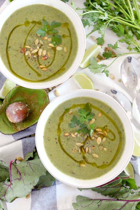 Broccoli Avocado Soup with Beet Greens Beet Green Recipes, Sauteed Beet Greens, Avocado Soup, Green Pesto, Green Soup, Beet Greens, Detox Soup, Paleo Vegan, Roasted Beets