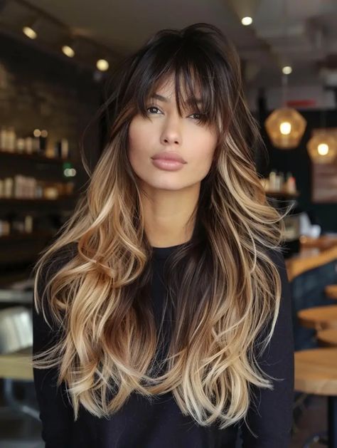 Discover 51 beautiful long hairstyles with bangs, including styles for round faces, Korean trends, curly and straight hair. Get expert tips on layered haircuts, wedding guest hairstyles, and more. Perfect for blonde, brunette, and black hair. Find your ideal hair style and care products now! Ombré With Bangs, Edgy Brunette Hair, Oval Face With Bangs, Money Bangs, Blonde Bangs With Brown Hair, Money Piece With Bangs, Money Piece Hair With Bangs, Money Piece Bangs, Bangs With Highlights