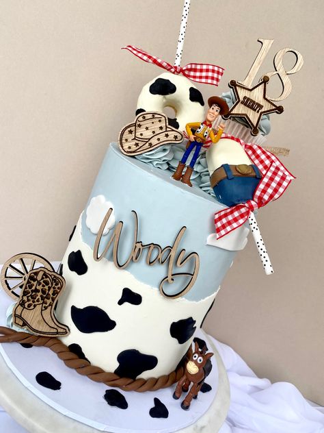 Retro Toy Story Cake, Woodys Roundup Cake, Woody 1st Birthday Party, Toy Story Birthday Cake Buttercream, Toy Story Woody Cake, Woody Theme First Birthday, A Little Cowboy Is On His Way Cake, Woody Cake Toy Story, Woody Theme Birthday Party