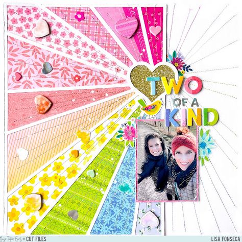 Two of a Kind Layout by Lisa Fonseca | Paige Taylor Evans Rainbow Layout, Lace Stencil, Pink Pen, Paige Taylor, Spring Crops, Frank Garcia, Paige Evans, Heart Stencil, Square Photo