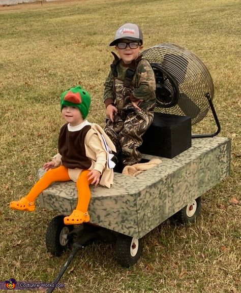 Mallard Duck Halloween Costume, Duck Hunting Halloween Costumes, Toddler Duck Hunting Photo Shoot, Diy Mallard Duck Costume, Overall Family Pictures, Duck Duck Goose Costume, Toddler Farmer Costume, Two Boys Halloween Costumes, Duck Family Costume