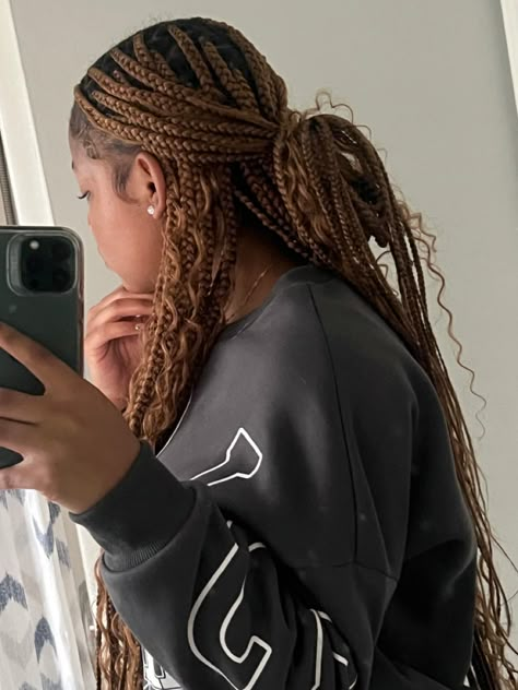 knotless braids, braids, hairstyle inspo, hairstyle, hair, hair inspo Braided Half Up Half Down Box Braids, Half Up Half Down Knotless Braids, Knotless Braid Styles, Black Hair Protective Styles, Knotless Braid, Big Box Braids Hairstyles, Brown Hair Dye, Dyed Hair Inspiration, Cute Box Braids Hairstyles