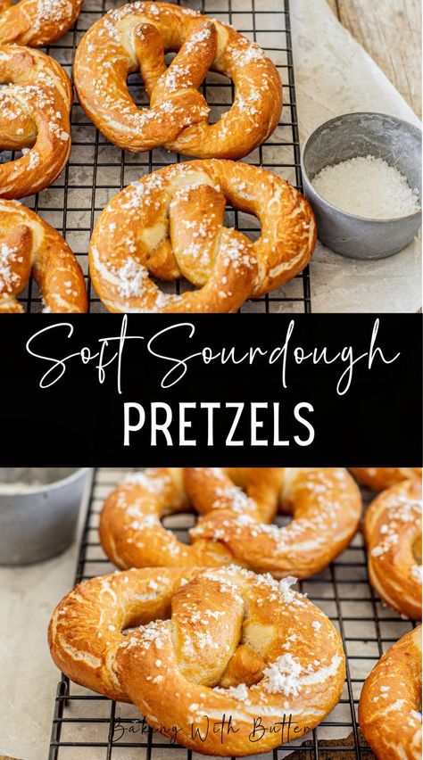 Soft sourdough pretzels are delicious and fun. They are soft and chewy with a shiny golden surface and coarse salt topping. Soft sourdough pretzels are known for their toothsome chew. They are bigger than the snack-sized hard pretzels found at the store. The shape and the sprinkle of coarse salt on top of soft pretzels are the same though. What Should My Sourdough Starter Look Like, Soft Sourdough Pretzels, Sour Dough Pretzels Recipe, Fall Sour Dough Recipes, Homemade Sourdough Pretzels, Sour Dough Discard Pretzels, Recipe With Sourdough Starter, Sourdough Discard Pretzel Recipe, Sourdough Discard Recipes Pretzels