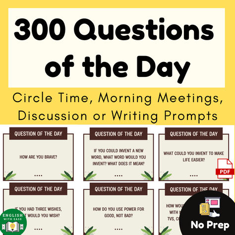 I made these for my own kids to engage in dinner dialogue "table topics" but this bundle of 300 Question of the Day task cards contains engaging conversation starters for preschool circle time, kindergarten morning meeting, or writing prompts or discussion starters for elementary school students, middle school students or teens for speech, character education or daily discussion starters for young or older kids. Kindergarten Morning Meeting, Kindergarten Circle Time, Time Kindergarten, Table Topics, Circle Time Activities, Preschool Circle Time, Discussion Starters, Early Learning Activities, Discussion Topics