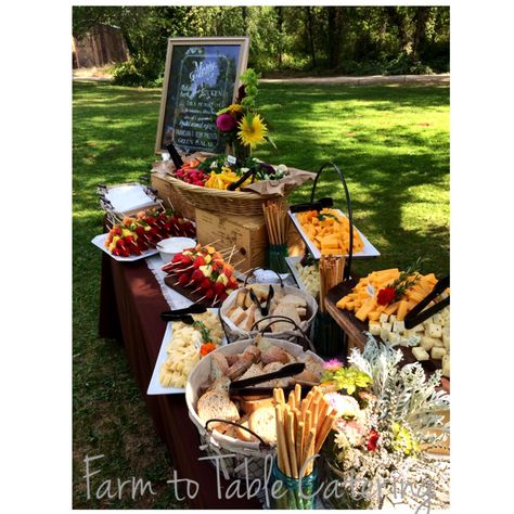 Fruit skewers, crudités, cheese and Truckee Sourdough Bread | Appetizer table at outdoor wedding | barn wedding | Squirrel Creek Ranch in Grass Valley, Ca | Farm to table Catering | www.farm2tablecatering.com Diy Wedding Programs, Appetizers Table, Wedding Appetizers, Catering Display, Quinceanera Ideas, Food Stations, Catering Menu, Farm To Table, Grazing Tables