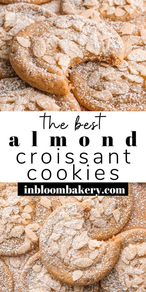 These are the best almond cookies! They're chewy almond cookies with frangipane centers, topped with sliced almonds and a dusting of powdered sugar. They have all the trappings of an almond croissant in cookie form! Almond Pastry Cookies, Cookies With Preserves, Cookies Rolled In Powdered Sugar, Cream Horn Cookies, Mexican Almond Cookies, Almond Croissant Recipes, Almond Vanilla Sugar Cookies, Best Gf Cookie Recipes, Nut Crescent Cookies