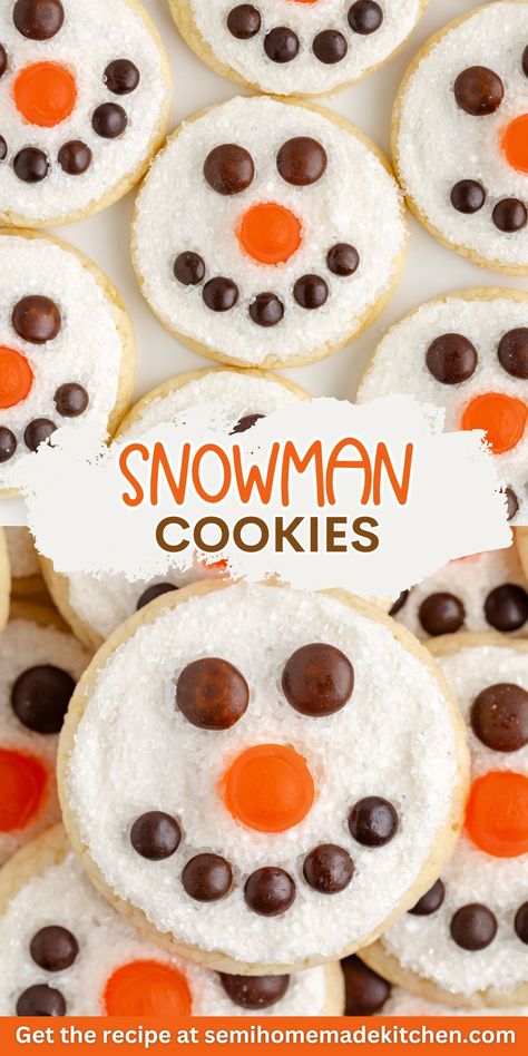 These snowman face cookies are a fun and festive way to celebrate the holiday season. Made with a soft cake mix base and topped with creamy buttercream, sparkly sanding sugar, and candy faces, they’re as easy to make as they are fun to decorate. Snowman Cookies Easy, Christmas Cookies Kids Decorating, Snowman Snacks For Kids To Make, Decorate Cookies With Kids, Easy Cookie Decorating For Kids, Cute Christmas Cookies Decorated, Christmas Cookie Decorating For Kids, Christmas Sugar Cookies Decorated Easy, Snowman Cookies Decorated