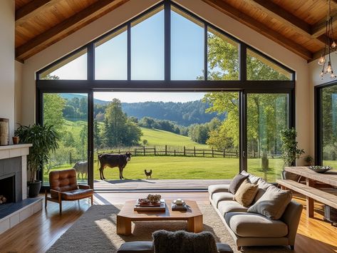 Panoramic Windows Living Rooms, Farmhouse Big Windows, Barndominium Windows, Big Windows Living Room, Triangle Window, Blue Shutters, Country Barn, Looking Out The Window, Big House