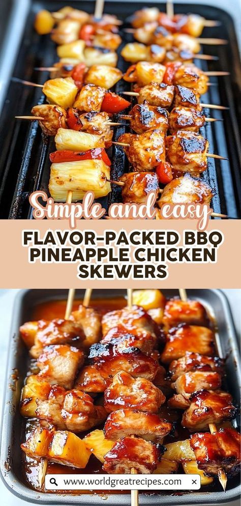 Looking for a quick and tasty dish for your next BBQ? Try these easy BBQ pineapple chicken kabobs! This simple recipe combines marinated chicken breast, fresh pineapple, and colorful bell peppers, making it a crowd-pleaser. The marinade adds rich flavor while keeping the chicken juicy and tender. These kabobs are perfect for grilling season and can be customized with your favorite vegetables. Get ready to savor the taste of summer at your next outdoor gathering! Bbq Pineapple Chicken, Chicken Kabob Marinade, Quick Easy Family Meals, Bbq Pineapple, Marinated Chicken Breast, Pineapple Chicken Kabobs, Kabob Marinade, Chicken Kabob Recipes, Marinating Chicken Breast