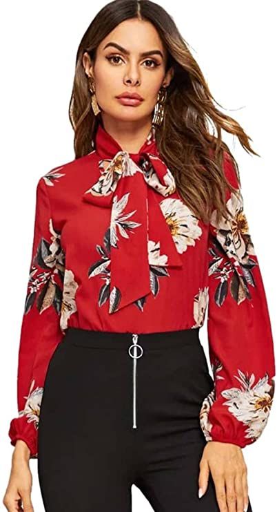 Chiffon Tops Blouses Classy, Neck Flower, Chiffon Tops Blouses, Flower Print Blouse, Lantern Sleeved Blouses, Elegant Blouses, Tie Neck Blouse, Blouse Tops, Spring Women