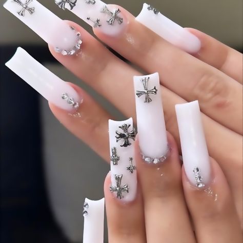 Long White French Tip Nails With Diamonds, White Nails Cross Design, Black Nails Acrylic Cross, Nails Inspiration With Cross, Long Acrylic Nails With Cross Design, Long Square Acrylic Nails Designs White, Long White Nails With Charms, Grunge White Nails, Black And White Nails With Cross