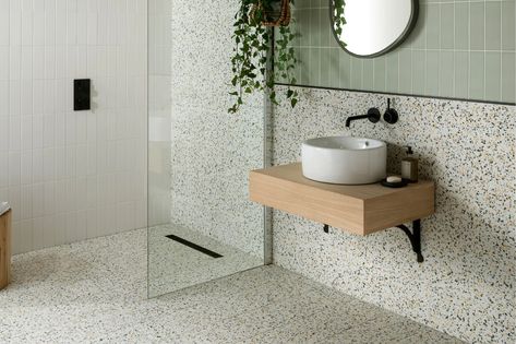 Green Terrazzo Bathroom, Green Small Bathrooms, Big Bathroom Design, Small Wet Room, Open Plan Bathrooms, Terrazzo Bathroom, Green Tile Bathroom, Black Bathroom Furniture, Topps Tiles