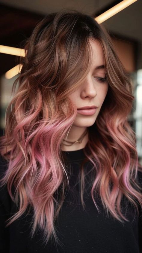 25 Must-Try Rose Gold Hair Colors for a Fresh New Look | Lookosm Rose Gold Hair Ombre Balayage, Subtle Pink Balayage, Pink Ombre Hair Blonde, Brown To Pink Ombre Hair, Styles For Dark Hair, Rose Gold Balayage Brunettes, Pink Balayage Brunette, Classic Balayage, Rose Gold Ombre Hair