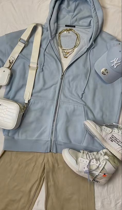 Light Blue Beige Outfit, Blue And Beige Outfits, Light Blue And Beige Outfit, Cute Blue Outfits For School, Light Blue Sweatshirt Outfit, Outfit With Light Blue Jeans, Pastel Blue Clothes, Light Blue Hoodie Outfit, Light Blue Hoodie For Spring Streetwear