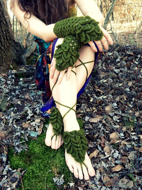 Mermaid Mitts + Sandals Crochet Pattern | Morale Fiber Crochet Cosplay, Fae Costume, Fantasy Crochet, Barefoot Sandals Crochet Pattern, Crochet Barefoot Sandals, Sandals Patterns, Ren Fair, Crocodile Stitch, Crochet Sandals