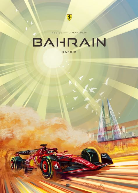 Bahrain Grand Prix 2024 by Simone Delladio Grand Prix Posters, Bahrain Grand Prix, F1 Poster, Racing Art, Racing Posters, Star Comics, Ferrari F1, Red Bull Racing, Sports Art