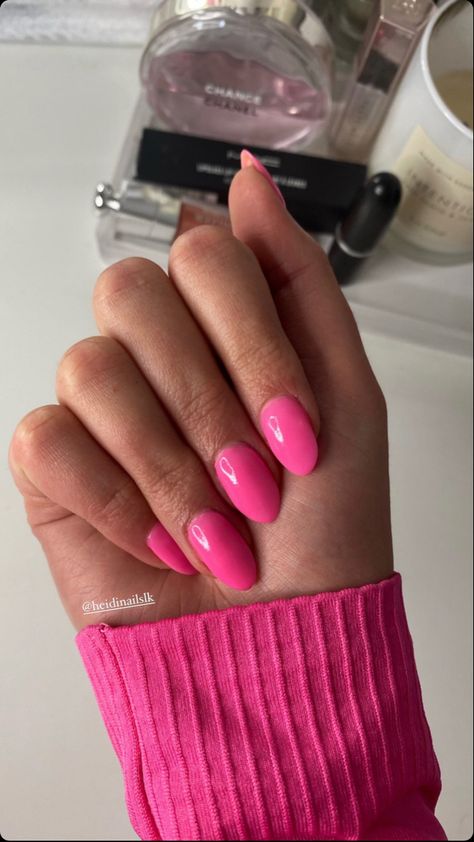 hot pink nails inspo dip powder almond nails pink neon pink bright Bright Pink Oval Nails, Hot Pink Nails Round, Barbie Pink Oval Nails, Bright Pink Dip Nails, Hot Pink Glazed Nails, Hot Pink Nails Dip Powder, Dip Almond Shape Nails, Dark Pink Nails Almond, Barbie Pink Dip Powder Nails