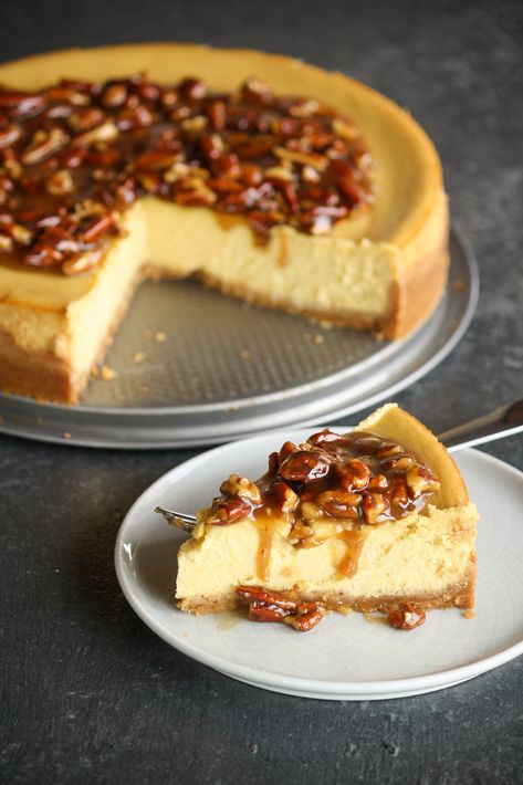 Pumpkin Cheesecake with Pecan Caramel Topping Pumpkin Cheesecake With Pecan Topping, Topping For Pumpkin Cheesecake, Pumpkin Cheesecake Topping, Pecan Pumpkin Cheesecake, Pumpkin Cheescake, Pecan Pumpkin Butter, Baked Cheesecake, Homemade Pumpkin Puree, Baking Fun