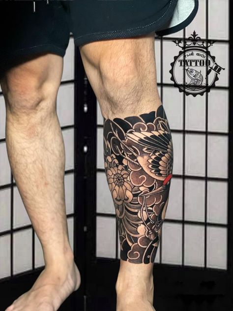 Calf Tattoo Ideas, Leg Band Tattoos, Japanese Leg Tattoo, Japanese Koi Fish Tattoo, Geometric Tattoo Sleeve Designs, Traditional Japanese Tattoo Designs, Japanese Legs, Bead Size Chart, Band Tattoos