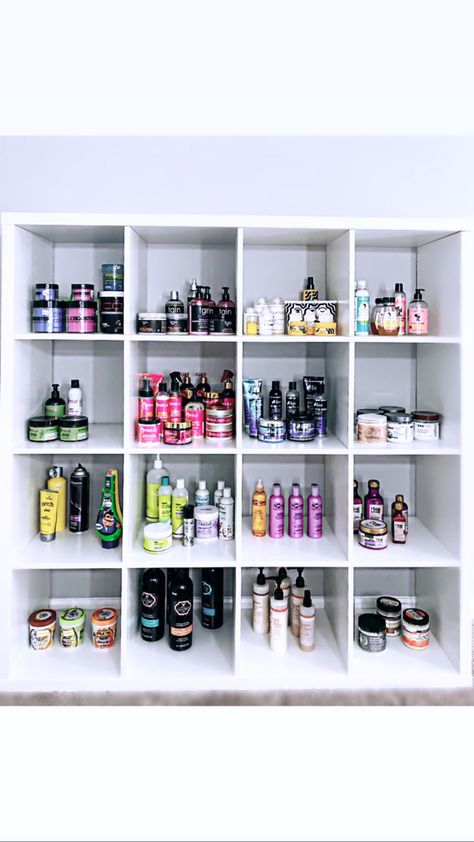 I love these shelves from IKEA! Ive organized all of my hair care products on these shelves it looks super clean and organized! #productjunkie #hairproducts #ikea #shelves #organization #organize #aesthetic Shelves For Hair Products, Beauty Shelf Organization, Hair Storage Ideas Organizing, Organize Aesthetic, Salon Shelves, Hair Organizer, Product Organization, Shelves Organization, Hair Room