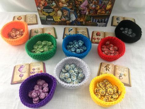 Board Game Component Bowls - Handmade Crochet - Quacks of Quedlinburg, Takenoko, Pandemic, and More! Quacks Of Quedlinburg, Crochet Board Games, Crochet Game, Board Game Pieces, Game Organization, Game Accessories, Crafty Creations, Handmade Bowl, Crochet Basket