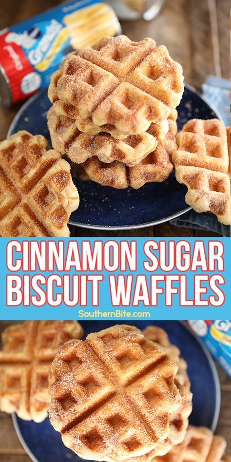 This recipe for Cinnamon Sugar Biscuit Waffles only calls for 3 ingredients! The canned biscuits are the perfect shortcut to put delicious waffles on the table for breakfast on a busy weekday morning! Weekday Menu Ideas, Biscuit Waffles, Recipe Using Canned Biscuits, Cinnamon Sugar Recipes, Frozen Rolls, Sugar Biscuits, Waffle Iron Recipes, Waffle Maker Recipes, Bisquick Recipes