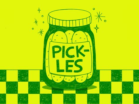 Pickles by Em the Creative on Dribbble Cartoon Pickle Drawing, Pickle Jar Drawing, Pickle Drawing, Pickle Illustration, Pickle Art, Illustration Stickers, Web Design Typography, Vegetable Illustration, Pickle Jar