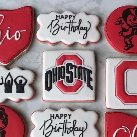 Royal Confections on Instagram: "Ohio State birthday ❤️  . . . . . . .  #myroyalconfections #decoratedsugarcookies #decoratedcookies #cookiesofinstagram #cookieart #customcookies #customsugarcookies #clevelandcookies #clevelandcustomcookies #talentedcookiers #royalicing #royalicingcookies #ohiostate #ohiostatebirthday #ohiostatecookies #birthdaycookies" Ohio State First Birthday Party, Ohio State Cookies Decorated, Ohio State Cookies, Cutout Cookies, 26th Birthday, Cookies Decorated, Cut Out Cookies, Cookie Art, Birthday Cookies