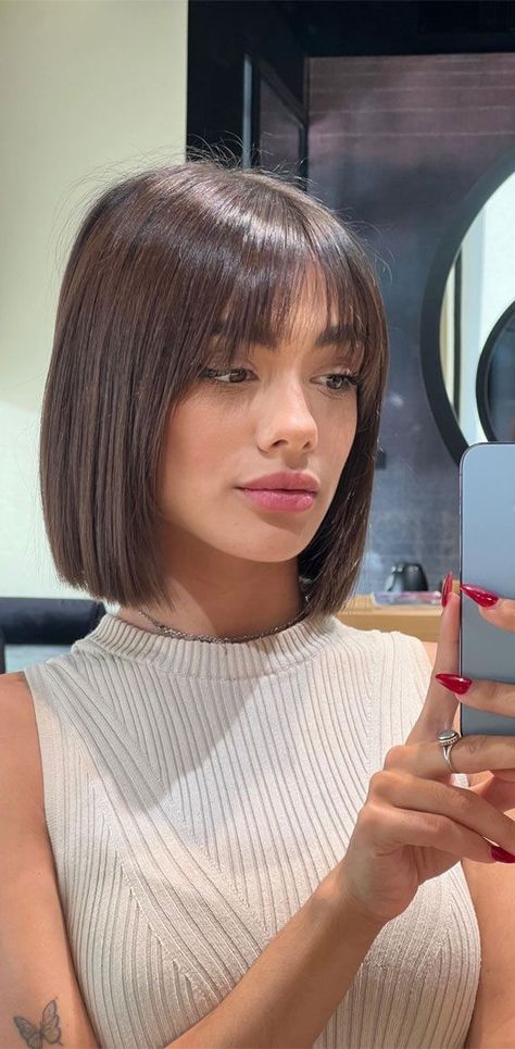 Chic Bob With Bangs, Classic Bob With Bangs, Heavy Bob Haircut, Bob Cut With Bangs Round Face, Short Bob With Bangs Round Face, Highlights Brown Hair Over 50, Brown Hair Over 50, Long Face Short Hair, Bob Variations