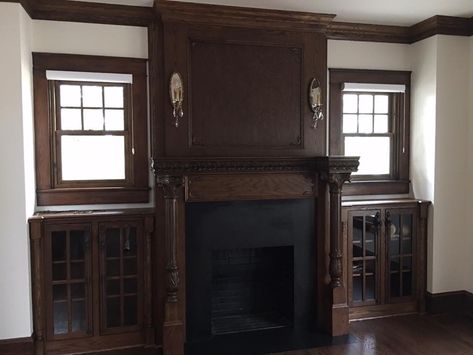 Dark Wood Fireplace Surround, Dark Brown Fireplace, Dark Wood Fireplace, Brown Fireplace, Clue On Stage, Black Brick Fireplace, Wood Fireplace Surrounds, Brown Bookcase, Black Subway Tiles