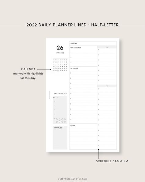 Excited to share this item from my #etsy shop: 2022 Daily With Calendar Planner Half-Letter Printable Inserts | Dated Hourly Schedule Planning Template | Day On One Page | Top Priorities Free Dating Websites, Daily Planner Inserts, Hourly Schedule, Free Daily Planner, Planner Writing, Planning Template, Planner Minimalist, Daily Calendar, Calendar Planner