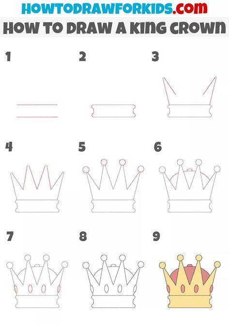 How To Draw A Kings Crown, Draw Crown Easy, Easy Crown Drawing Step By Step, How To Draw A Crown Step By Step, Crown Drawing King, How To Draw A Crown, Drawing Of Crown, Simple Crown Drawing, Kings Crown Drawing