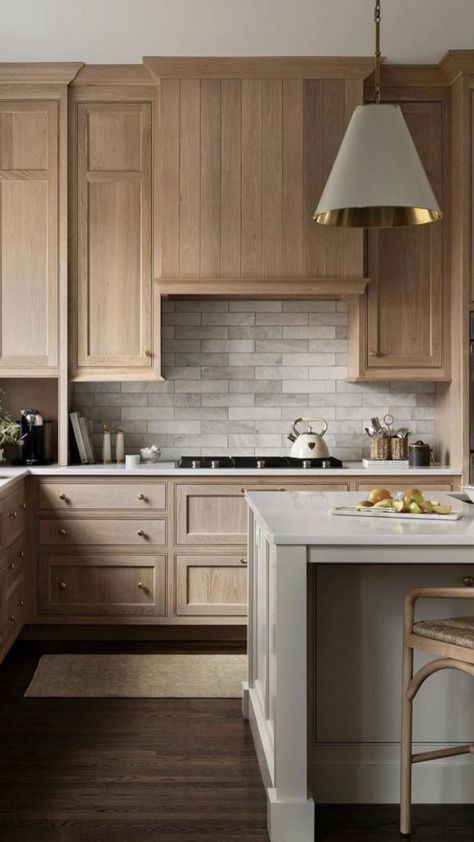 Kitchen Light Cabinets, Lighter Wood Kitchen Cabinets, Green Kitchen With Brown Cabinets, Two Tone Maple Kitchen Cabinets, Light Wood Stained Cabinets, Rye Cabinets Kitchen, Light Wood Cabinet Kitchen, Dark Kitchen Wood Floors, Modern Wood Cabinets Kitchen Natural