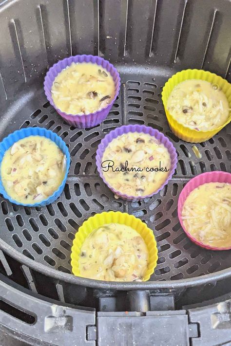 Air fryer Egg Bites - Rachna cooks Egg Bites Silicone Mold Air Fryer, Egg Bites Air Fryer Recipes, Recipe Using Egg Whites, Air Fryer Egg Bites, Air Fryer Recipes Eggs, Coddled Eggs, Asparagus Egg, Bariatric Meals, Keto Board