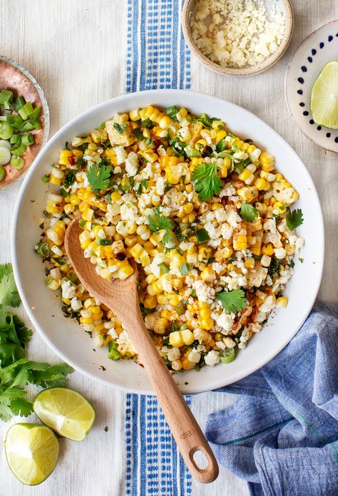 This 10-ingredient Mexican Street Corn Salad is the ultimate summer cookout side! Grilled corn is tossed in a lightly creamy mayo/lime dressing, while scallions, Cotija cheese, paprika, and jalapeño add spicy, fresh pops of flavor. So easy and delicious! | Love and Lemons #corn #salad #sidedish #grillingrecipes Mexican Summer Corn Salad, Healthy Mexican Corn Salad, Summer Cookout Sides, Love And Lemons Mexican Street Corn Salad, Love And Lemons Mexican Street Corn, Inspired Taste Corn Salad, Easy Picnic Food, Mexican Corn Salad, Easy Summer Side Dishes