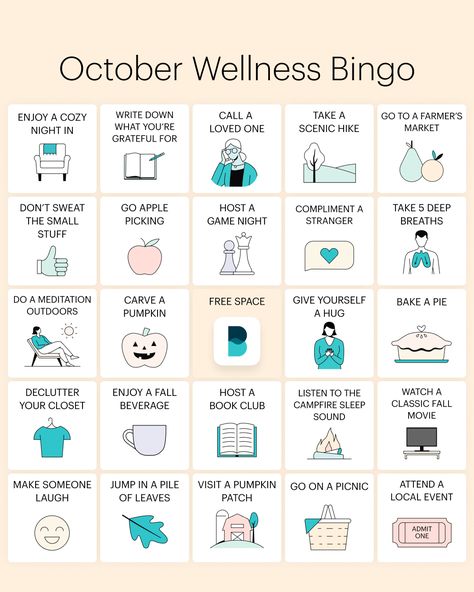 Wellness Bingo, Activities For October, Fall Wellness, Coping Methods, Wellbeing Activities, Connect With Yourself, Ideas For Fun, 10 October, Mood Lifters