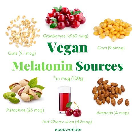 Vegan melatonin sources: almonds, pistachios, sweet corn, tart cherry juice, oats, cranberries Melatonin Foods, Food For Sleep, Tart Cherry Juice, Healthy Morning Routine, Pregnant Diet, Plant Based Nutrition, Night Snacks, Cherry Juice, Nutrition Guide