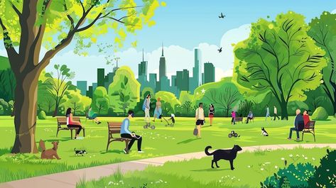 City Park Illustration, Park With People, People Background, Park Illustration, Park Scene, Outdoor Park, Colorful Illustration, Free Business Card Mockup, Tree Illustration