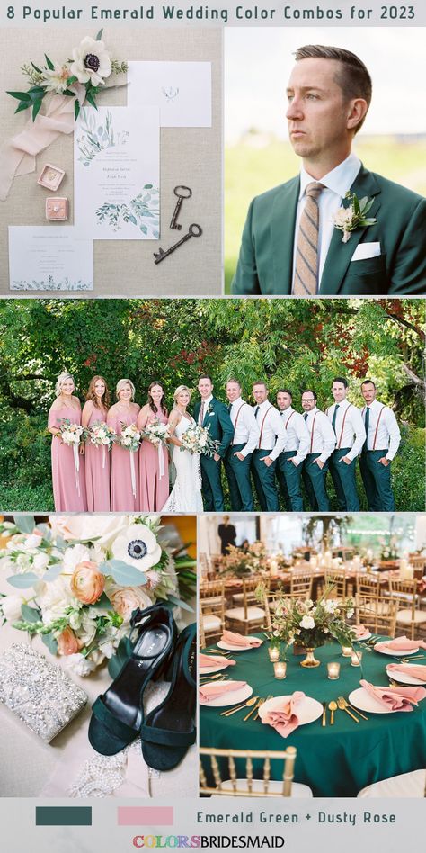 Dusty Pink Emerald Green Wedding, Emerald Green And Pink Bridesmaid Dresses, Emerald Dusty Rose Wedding, Forest Green Rose Gold Wedding, Forest Green Dusty Rose Wedding, Emerald Green And Rose Gold Wedding Color Schemes, Emerald Green And Peach Wedding Theme, Hunter Green And Dusty Rose Wedding, Olive Green And Dusty Pink Wedding