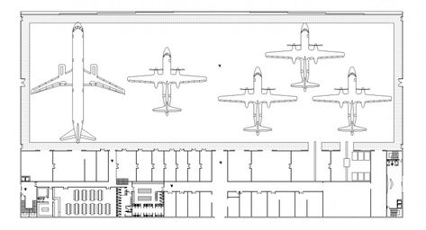 Hangar top view plan detail drawing in dwg AutoCAD file. Andrew Ilnyckyj, Aircraft Hangar Design, 2d Model, Hangar Design, Aircraft Hangar, Detail Drawing, Layout Plan, Airport Design, School Plan