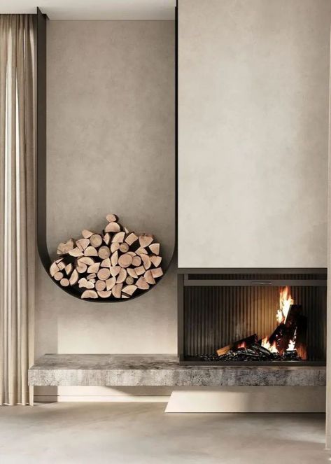 Home Interior Design Dining Room, Scandinavian Fireplace, Fireplace Modern Design, Fireplace Decor Ideas, Contemporary Fireplace Designs, Wooden Mantel, White Fireplace, Fireplace Hearth, Moroccan Pouf