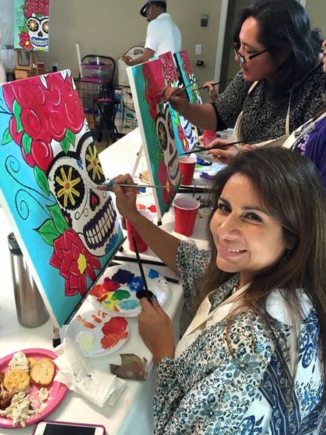 Painting Party Fun! 🎨🎶🍷🌅👍🏼 Paint And Sip Birthday Party Ideas For Adults, Puff And Paint Party Ideas, Paint Party Ideas For Adults, Painting Party Ideas For Adults, Apartment Amenities, Dip Art, Hotel Games, Canvas Party, School Art Activities