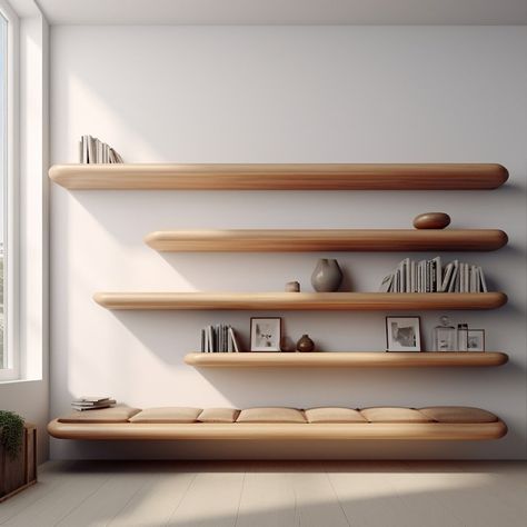 Japandi Library Design, Japandi Shelving, Wall To Wall Floating Shelves, Japandi Shelves, Japandi Bookshelf, Japanese Bookshelf, Staggered Shelving, Tv Wall Shelves, L Shaped Sofa Designs