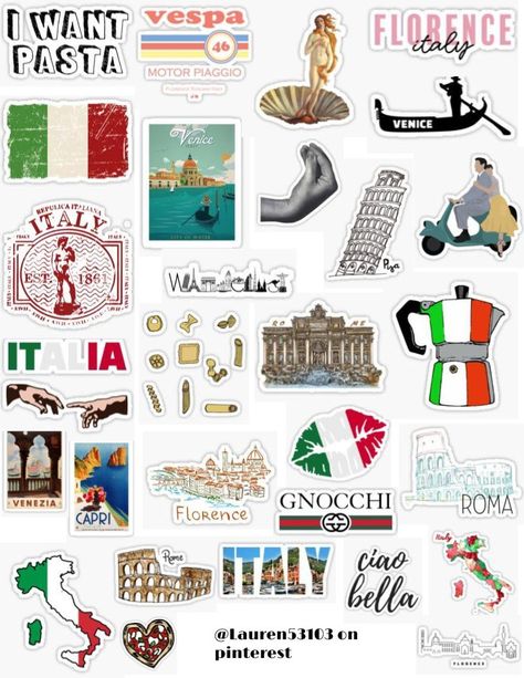 Italy Stickers Printable, Travel Stickers Aesthetic, Italian Stickers, Vespa Sticker, Italy Scrapbook, Italy Stickers, Italian Vespa, Stickers Trendy, Italia Aesthetic