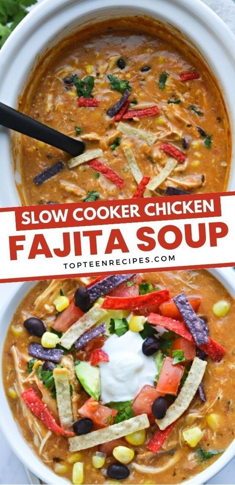 Slow Cooker Chicken Fajita Soup is an easy dump-and-go recipe! A creamy soup loaded with shredded chicken, black beans, corn, salsa, cheese, and spices. Oh and don’t forget the toppings! Tortilla strips, sour cream, avocado, tomatoes, and cilantro are great topping options. Crockpot chicken fajita soup makes an easy and flavorful soup recipe perfect for any day of the week. Fajita Soup Recipe, Fajita Soup, Chicken Black Beans, Chicken Tortilla Soup Crock Pot, Slow Cooker Chicken Fajitas, Chicken Tortilla Soup Easy, Gourmet Soup, Chicken Fajita Soup, Black Beans Corn