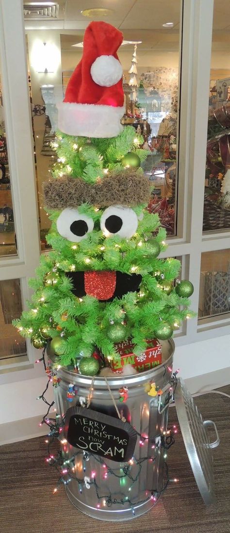 Office Christmas Tree Decorating Contest, Fun Themed Christmas Trees, Awesome Christmas Trees, Mini Christmas Tree Contest Ideas, Christmas Tree Ideas Funny, Work Christmas Tree Themes, Christmas Tree Decorating Contest Ideas, Funny Outdoor Christmas Decorations, Oscar The Grouch Christmas Tree