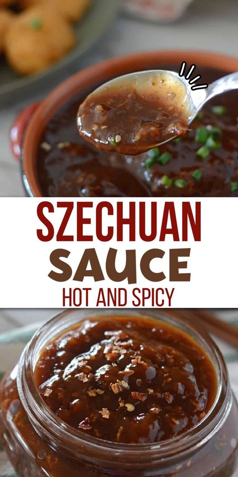 Bowls of a thick hot spicy sauce with Pinterest overlay. Chinese Hot Sauce Recipe, Asian Peanut Sauce, Hot Garlic Sauce, Szechuan Sauce, Best Sauce Recipe, Homemade Chinese Food, Meat Marinade, Homemade Sauce Recipes, Dipping Sauces Recipes